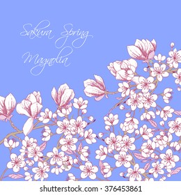 Background with sakura and magnolia. Hand drawn spring blossom trees. Vector illustration with cherry blossoms.
