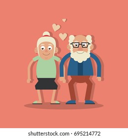 background salmon color with couple of grandparents in love and holding hands and him with glasses and beard
