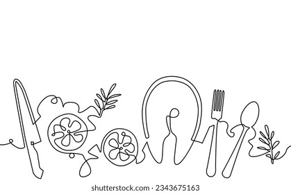 Background with salmon steak, slices of lemon, utensils. Continuous line drawing style. Vector illustration. Cooking pattern.