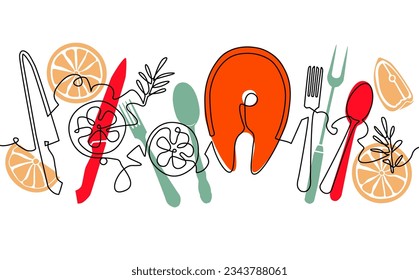 Fondo con filete de salmón, rodajas de limón, romero y utensilios. Estilo de dibujo de línea continuo. Ilustración vectorial. Patrón de cocción.