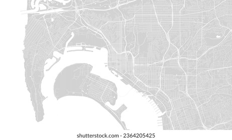 Background San Diego map, United States, white and light grey city poster. Vector map with roads and water. Widescreen proportion, digital flat design roadmap.