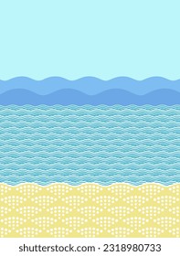 Background with sand beach, sea waves, and mountains on a sunny day