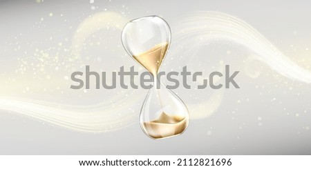 Background with sand hourglass, glass timer with falling golden grains. Vector poster with realistic transparent sand clock and waves of shiny particles. Running time concept