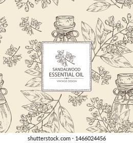 Background with sandalwood flower and bottle of sandalwood essential oil. Cosmetic, perfumery and medical plant. Vector hand drawn illustration.