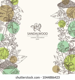 Background with Sandalwood: leaves berries and flowers. Santal white. Essential oil, soap and bath salt . Perfumery, cosmetics and medical plant. Vector hand drawn illustration Background with Sandalwood: leaves berries and flowers. Santal white. Essential oil, soap and bath salt . Perfumery, cosmetics and medical plant. Vector hand drawn illustration
