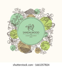 Background with Sandalwood: leaves berries and flowers. Santal white. Essential oil, soap and bath salt . Perfumery, cosmetics and medical plant. Vector hand drawn illustration