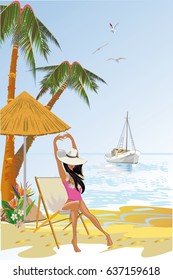 Background with a sandy beach with palm trees and flowers. Girl sunbathing in the sun.
