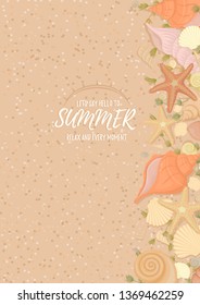 Background with sandy beach for summer design. Seashells starfish seaweed on sand background. Vector illustration.