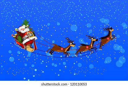 background with Santa Claus flying his sleigh through the night sky