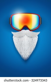 Background of Santa Claus symbol with ski goggles and white beard. Vector Illustration