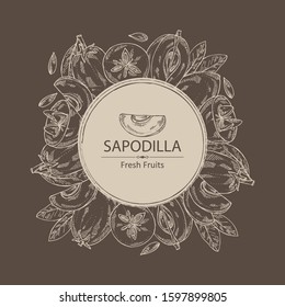Background with sapodilla: fruit, sapodilla slice and leaves. Vector hand drawn illustration.