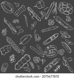 Background of sausage products and meat delicacies. Sausages, bacon, lard, salami in sketch style.