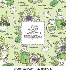 Background with saussurea laniceps: plant, snow lotus flowers, leaves, bath salt, soap and beauty products. Limnanthes alba. Cosmetic, perfumery and medical plant. Vector hand drawn