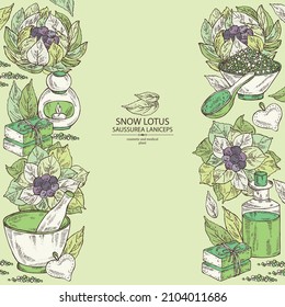 Background with saussurea laniceps: plant, snow lotus flowers, leaves, bath salt, soap and beauty products. Limnanthes alba. Cosmetic, perfumery and medical plant. Vector hand drawn