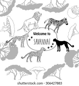 Background with savanna animals. Hand drawn vector trees, lion, cheetah, zebra and safari park. Vector Illustration