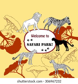 Background with savanna animals. Hand drawn vector trees, lion, cheetah, zebra and safari park. Vector Illustration