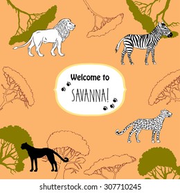 Background with savanna animals. Hand drawn vector trees, lion, cheetah, zebra and safari park. Vector Illustration