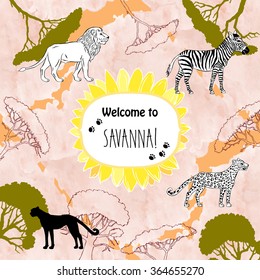 Background with savanna animals. Hand drawn vector trees, lion, cheetah, zebra and safari park. Vector Illustration