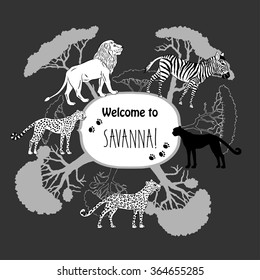 Background with savanna animals. Hand drawn vector trees, lion, cheetah, zebra and safari park. Vector Illustration