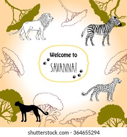 Background with savanna animals. Hand drawn vector trees, lion, cheetah, zebra and safari park. Vector Illustration