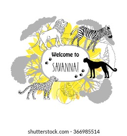 Background with savanna animals. Hand drawn vector trees, lion, cheetah, zebra and safari park. Vector Illustration