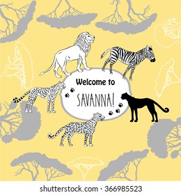 Background with savanna animals. Hand drawn vector trees, lion, cheetah, zebra and safari park. Vector Illustration