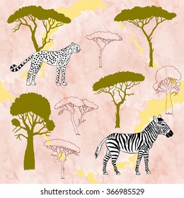 Background with savanna animals. Hand drawn vector trees, cheetah, zebra and safari park. Vector Illustration