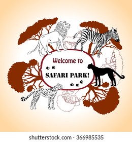 Background with savanna animals. Hand drawn vector trees, lion, cheetah, zebra and safari park. Vector Illustration