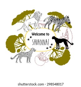 Background with savanna animals. Vector Illustration