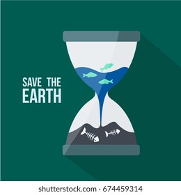 background save the earth. Hourglass cartoon & Globe ocean, blue sea or water flowing & trickle inside. some fish flat design are alive & dead like a bones vector isolated. Humanity destroys the world