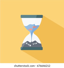 background save the earth isolated. Hourglass & Globe ocean, blue sea or water flowing & trickle inside. fish bones vector are alive & dead like a bones flat design. Humanity bad & sad world cartoon 