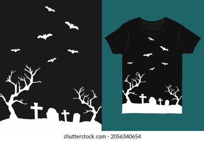 Background with scary bats and graveyard, Halloween T-shirt design, T-shirt design with spooky horror night elements. Halloween Illustration T-shirt Design For Your Business