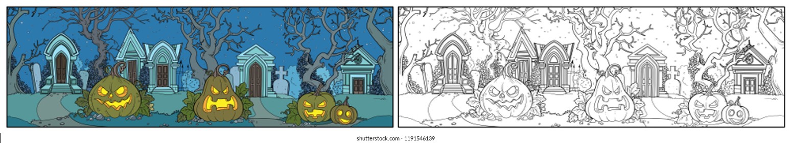 Background from scary old cemetery with Halloween pumpkins color and outlined for coloring page