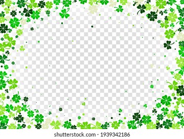 Background with scattered four leaved clovers and shamrocks for St Patrick's Day isolated on white transparent background. Overlay oval border. Vector illustration