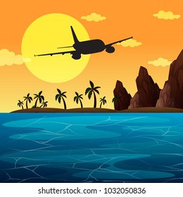 Escena de fondo con un avión volando sobre la ilustración del océano