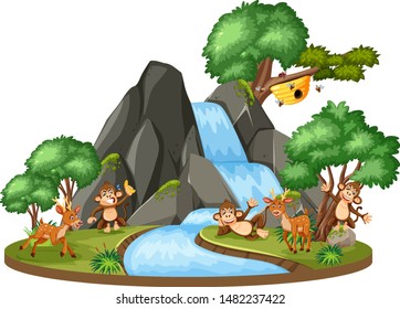 Background scene of animals by the waterfall illustration