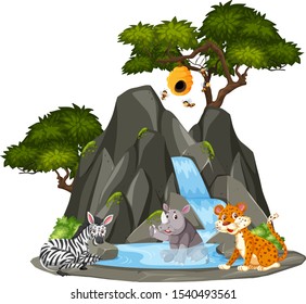 Background scene of animals by the waterfall illustration