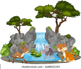 Background scene of animals by the waterfall illustration