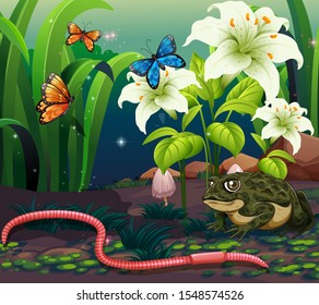 Background scene with animals in garden at night illustration