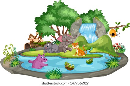 Background scene of animals and pond illustration
