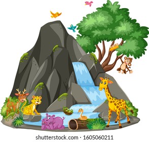 Background scene of animals at the waterfall illustration