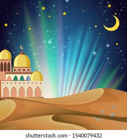 Background scene of arabian night with buildings and desert illustration