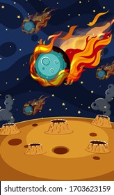 Escena de fondo con el vuelo de asteroides en la ilustración espacial