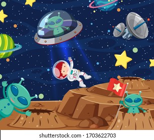 Background scene with astronaut and aliens in the space illustration