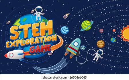 Background scene with astronauts and many planets in universe illustration