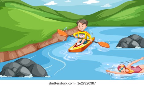 Background scene with athlete canoeing in the river illustration