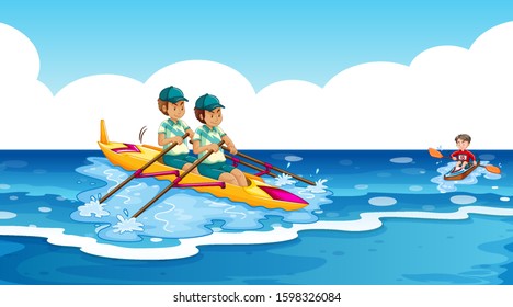 Background scene with athletes canoeing in the ocean illustration