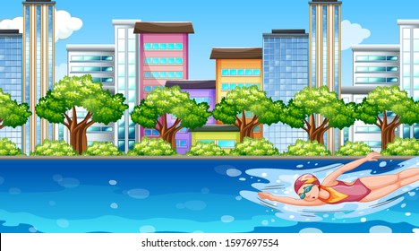 Background scene with athletes doing swimming in the river illustration