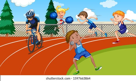 Background Scene With Athletes Doing Track And Field Sports Illustration