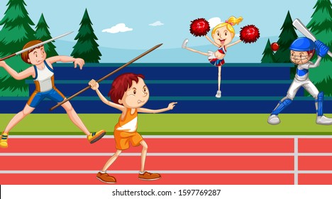 Background scene with athletes doing track and field events illustration